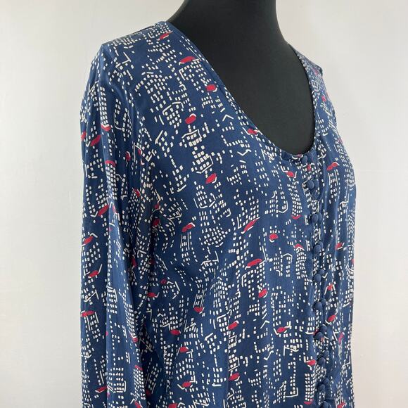 Winter Kale Blue Printed Vintage Silk Button-Up Long Sleeve Scoop Blouse Top S - Picture 5 of 9